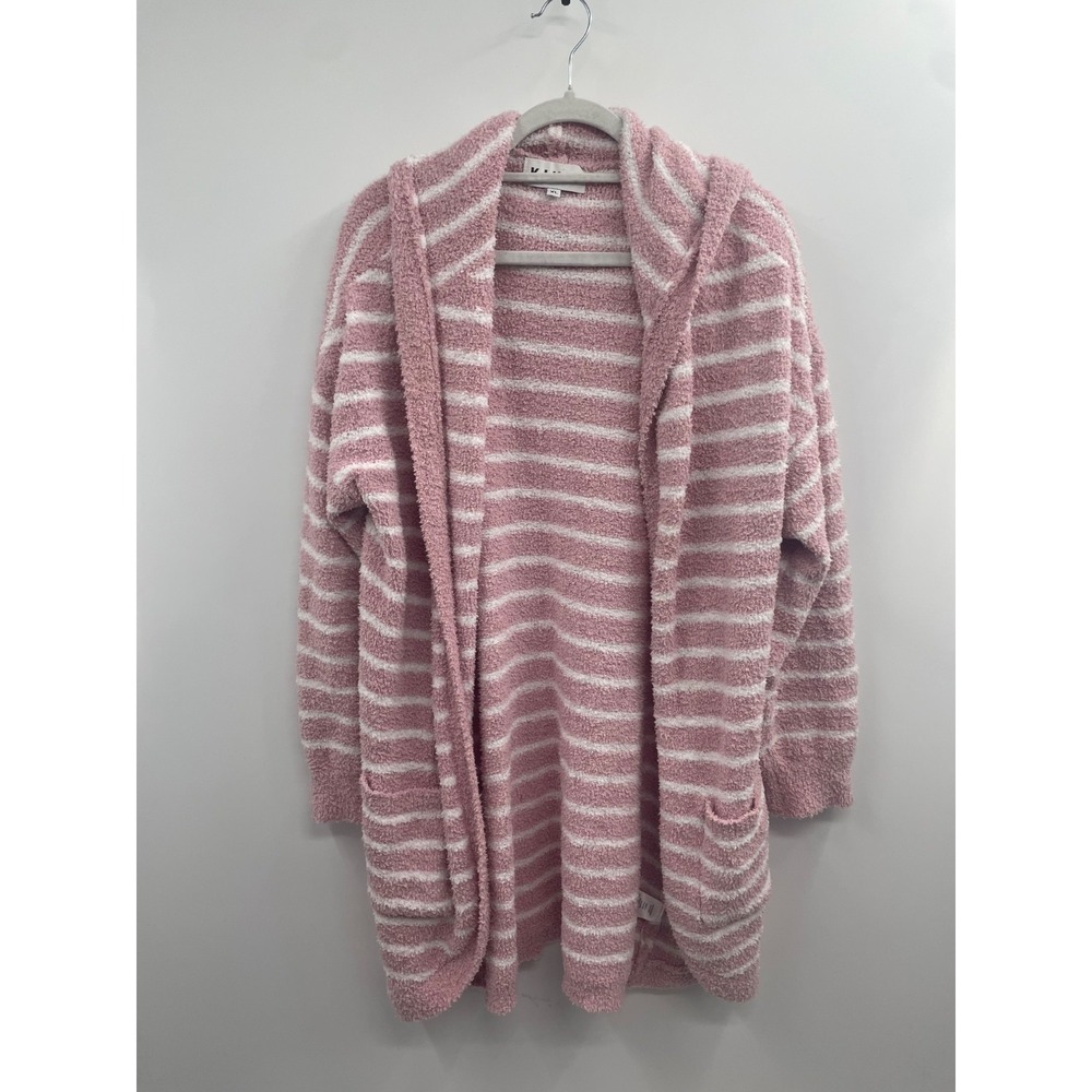 Kikit Cardigan Womens XL Pink White Striped Sherpa Fleece Open Front Hooded Cozy